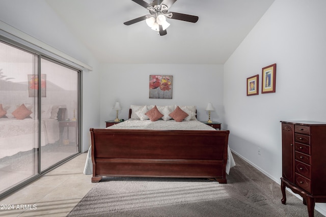 bedroom with access to outside, ceiling fan, and lofted ceiling