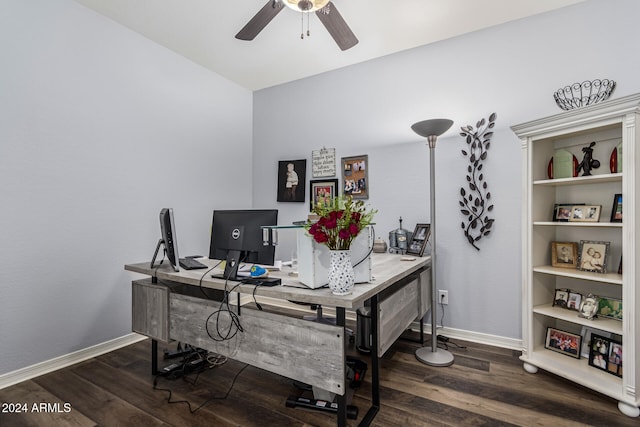 home office with a ceiling fan, baseboards, and wood finished floors