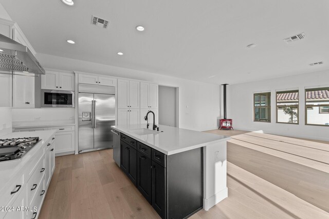 kitchen with white cabinetry, sink, built in appliances, light hardwood / wood-style floors, and a center island with sink