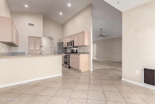 1625 E Daisy St, Casa Grande, AZ 85122 - kitchen with stainless steel appliances, arched walkways, high vaulted ceiling, ceiling fan, and baseboards