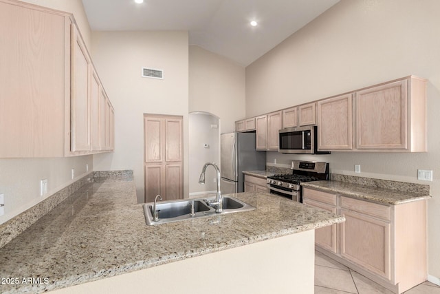 1625 E Daisy St, Casa Grande, AZ 85122 - kitchen with appliances with stainless steel finishes, a sink, light brown cabinets, high vaulted ceiling, and a peninsula