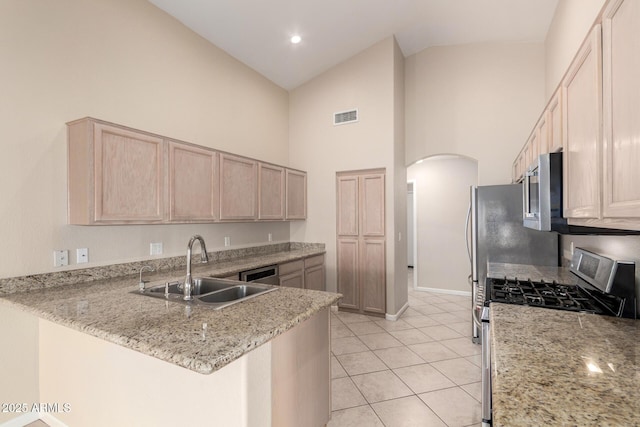 1625 E Daisy St, Casa Grande, AZ 85122 - kitchen featuring appliances with stainless steel finishes, light brown cabinetry, high vaulted ceiling, arched walkways, and a sink