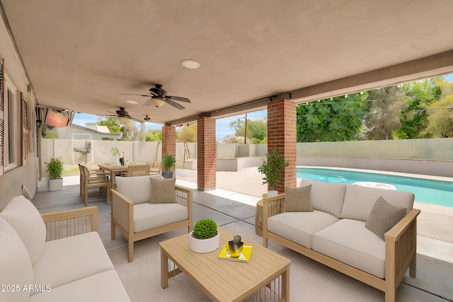 5621 N 13th St, Phoenix, AZ 85014 - fenced backyard with outdoor lounge area, a patio area, a ceiling fan, and outdoor dining area