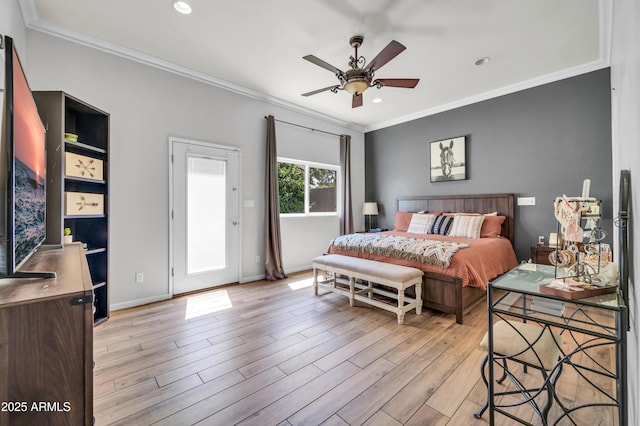 5621 N 13th St, Phoenix, AZ 85014 - bedroom featuring crown molding, recessed lighting, light wood finished floors, baseboards, and ceiling fan
