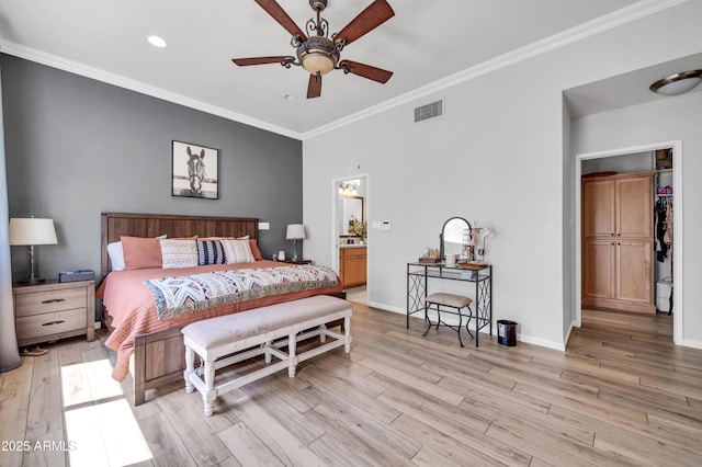 5621 N 13th St, Phoenix, AZ 85014 - bedroom with light wood finished floors, ornamental molding, baseboards, recessed lighting, and a ceiling fan