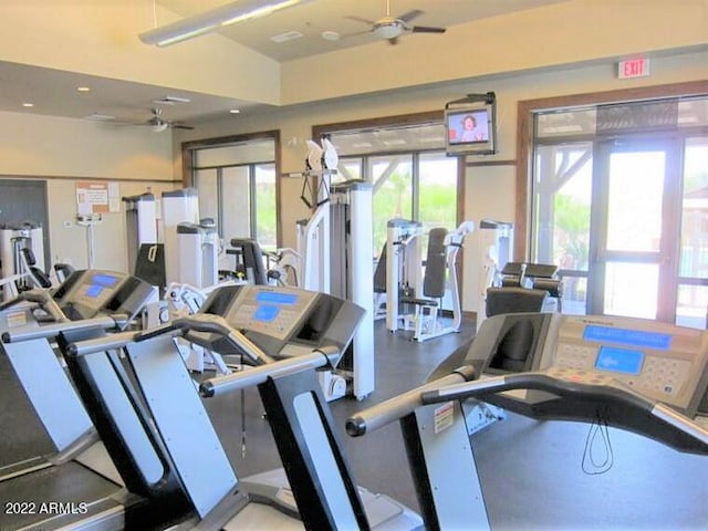 exercise room with ceiling fan