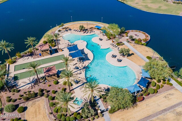 aerial view featuring a water view