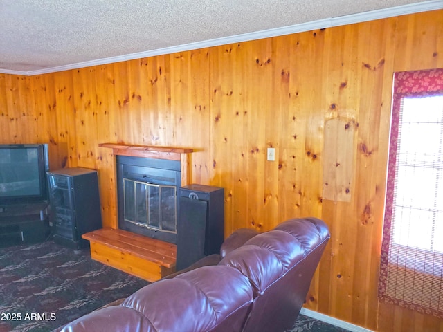 69762 Old Bell Rd, Salome, AZ 85348 - living area with a textured ceiling, wood walls, and ornamental molding