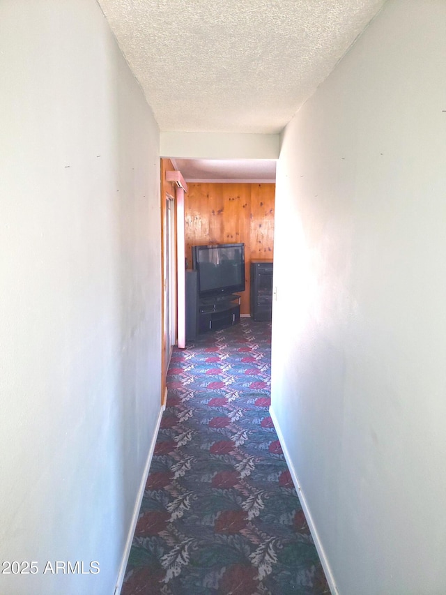 69762 Old Bell Rd, Salome, AZ 85348 - corridor with baseboards, a textured ceiling, carpet flooring, and wood walls