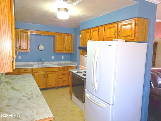 69762 Old Bell Rd, Salome, AZ 85348 - kitchen featuring white appliances, a sink, light countertops, light floors, and brown cabinetry
