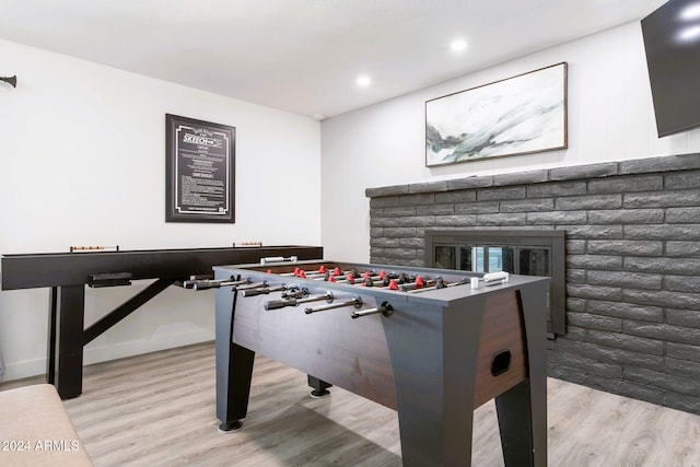 2041 E Harvard Dr, Tempe, AZ 85283 - rec room featuring light wood finished floors, recessed lighting, and a brick fireplace