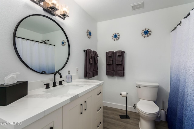 bathroom with vanity, wood-type flooring, and toilet