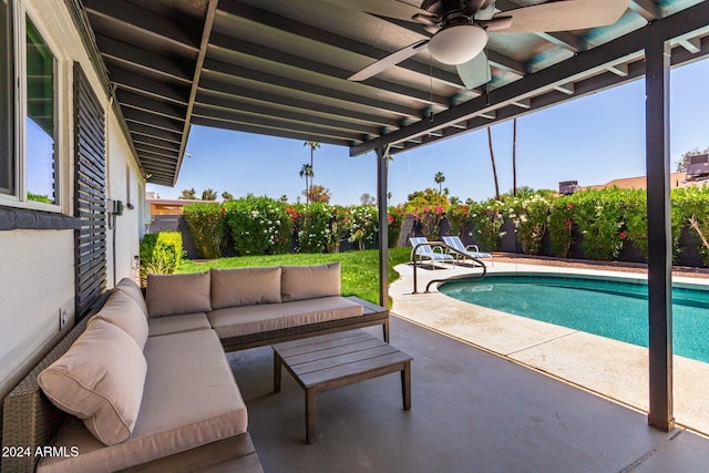 2041 E Harvard Dr, Tempe, AZ 85283 - view of pool with outdoor lounge area, a patio, a ceiling fan, and a fenced backyard
