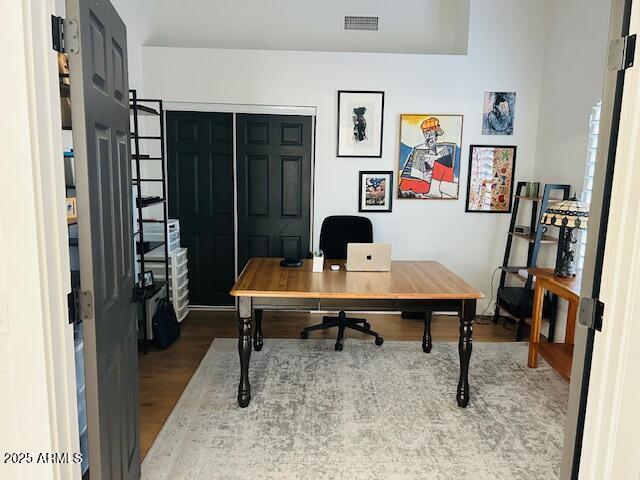 office space featuring dark wood-style floors