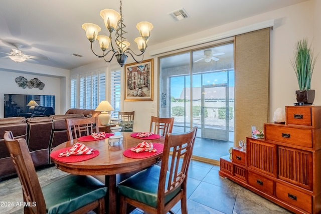 dining room with a healthy amount of sunlight and ceiling fan with notable chandelier