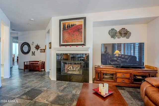 living room with a fireplace