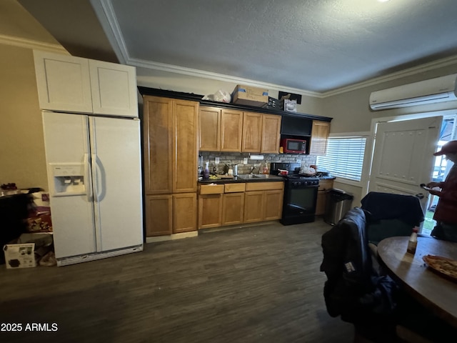 kitchen featuring ornamental molding, brown cabinets, an AC wall unit, black range oven, and white fridge with ice dispenser