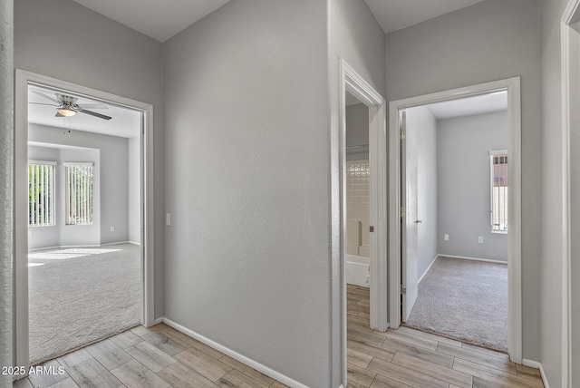 hallway featuring light carpet