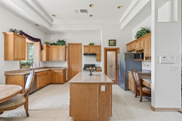 25509 S Lime Dr, Queen Creek, AZ 85142 - kitchen with light tile patterned floors, visible vents, a center island, stainless steel appliances, and a raised ceiling