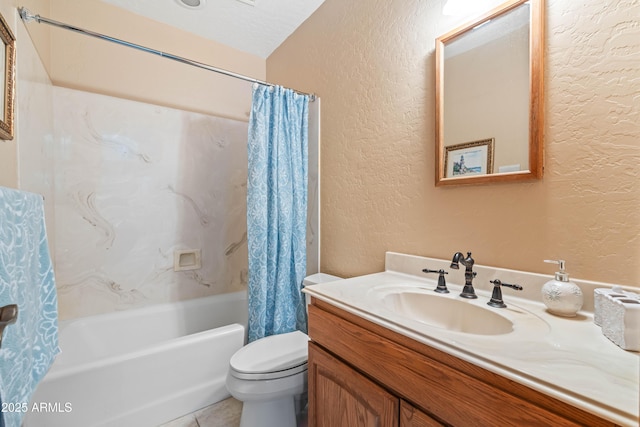 25509 S Lime Dr, Queen Creek, AZ 85142 - bathroom featuring vanity, a textured wall, tile patterned flooring, toilet, and shower / bathtub combination with curtain