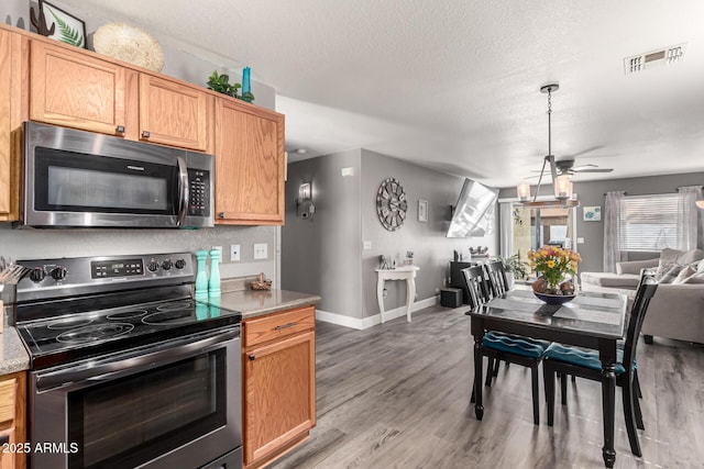 1950 E Dust Devil Dr, San Tan Valley, AZ 85143 - kitchen with appliances with stainless steel finishes, ceiling fan, light wood-type flooring, baseboards, and a textured ceiling