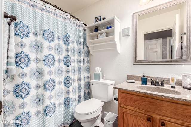 1950 E Dust Devil Dr, San Tan Valley, AZ 85143 - bathroom with toilet, vanity, a textured wall, and curtained shower