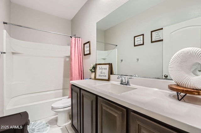 23730 W Hess Ave, Buckeye, AZ 85326 - bathroom with toilet, shower / bathtub combination with curtain, vanity, and tile patterned floors