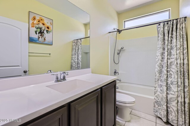 23730 W Hess Ave, Buckeye, AZ 85326 - full bathroom featuring shower / bath combo with shower curtain, toilet, vanity, and tile patterned flooring