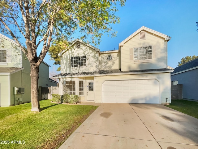 view of front property featuring a garage and a front lawn