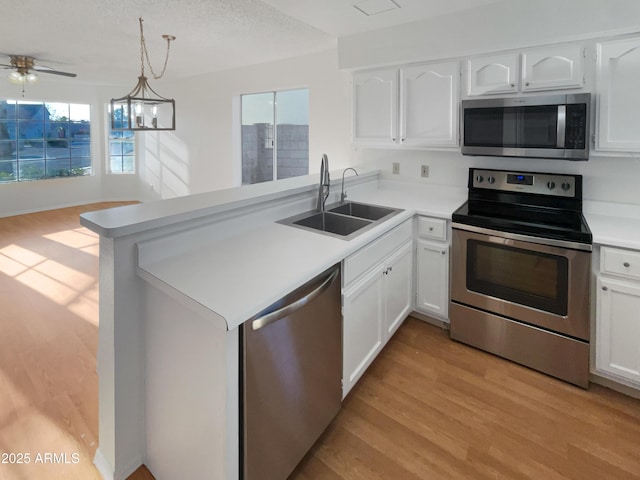 kitchen featuring white cabinetry, sink, stainless steel appliances, and kitchen peninsula