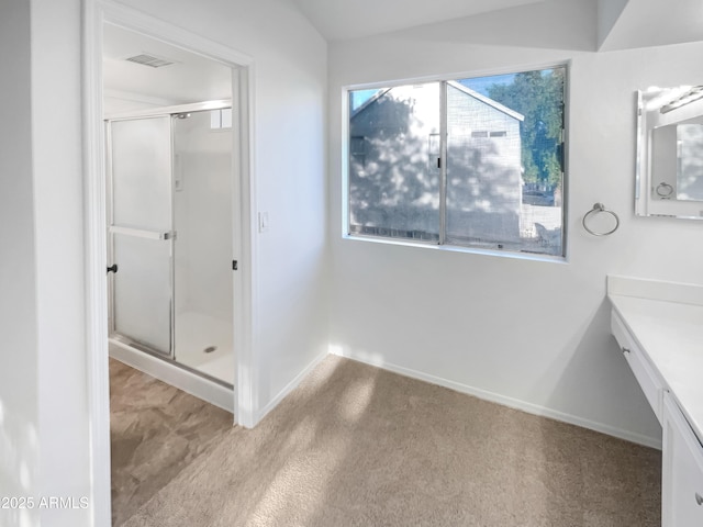 bathroom with walk in shower and vanity