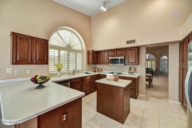 kitchen featuring a towering ceiling, sink, a center island, kitchen peninsula, and stainless steel appliances