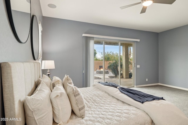 carpeted bedroom featuring baseboards, ceiling fan, and access to outside