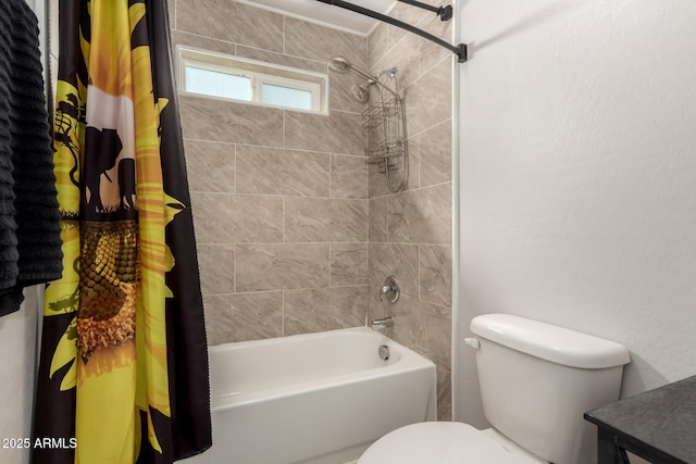 bathroom featuring shower / bathtub combination with curtain, toilet, and vanity