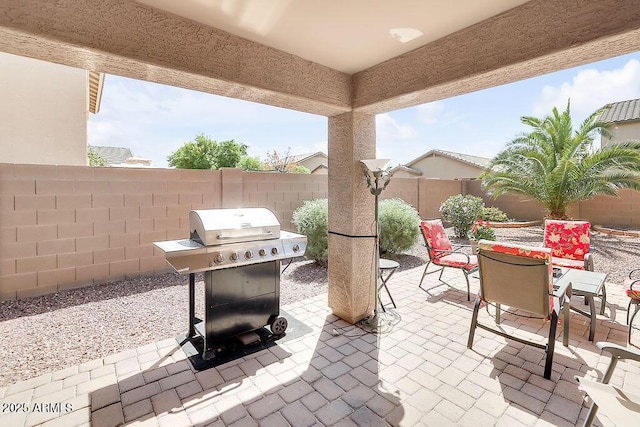 view of patio / terrace with a fenced backyard, outdoor dining area, and area for grilling