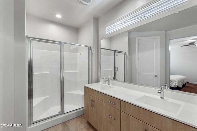 full bath with a shower stall, visible vents, a sink, and tile patterned floors