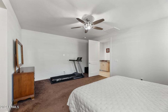 carpeted bedroom featuring visible vents and a ceiling fan