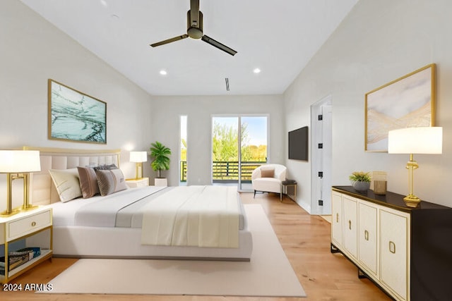 bedroom featuring ceiling fan, light hardwood / wood-style floors, and access to outside