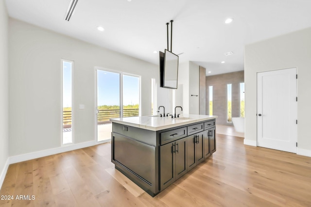 kitchen featuring dark brown cabinets, light hardwood / wood-style floors, sink, and an island with sink