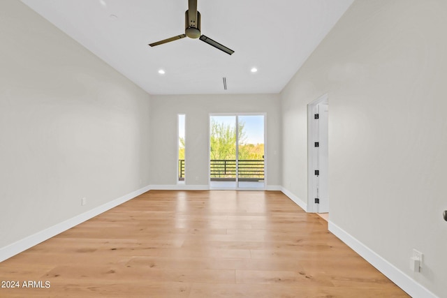 unfurnished room with ceiling fan and light hardwood / wood-style flooring