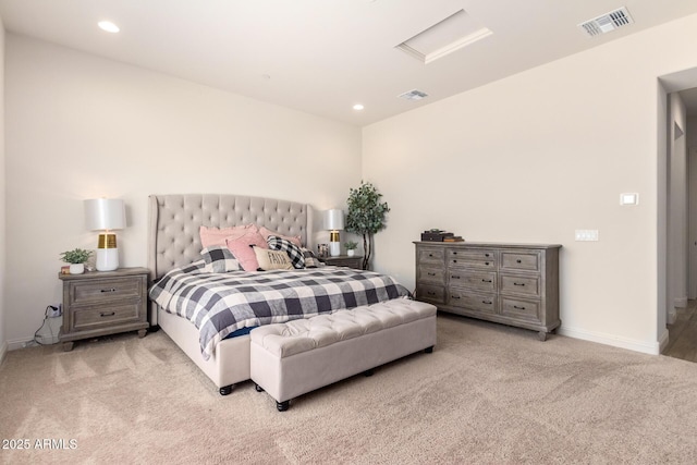 bedroom featuring carpet flooring, recessed lighting, attic access, and visible vents