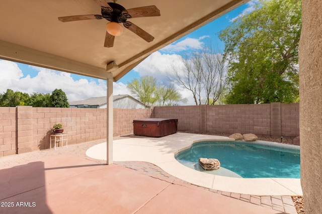 10209 W Jessie Ln, Peoria, AZ 85383 - view of pool with a hot tub, a fenced backyard, a ceiling fan, and a patio area