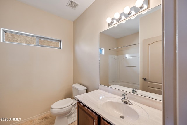 full bath with visible vents, toilet, tile patterned floors, bathtub / shower combination, and vanity