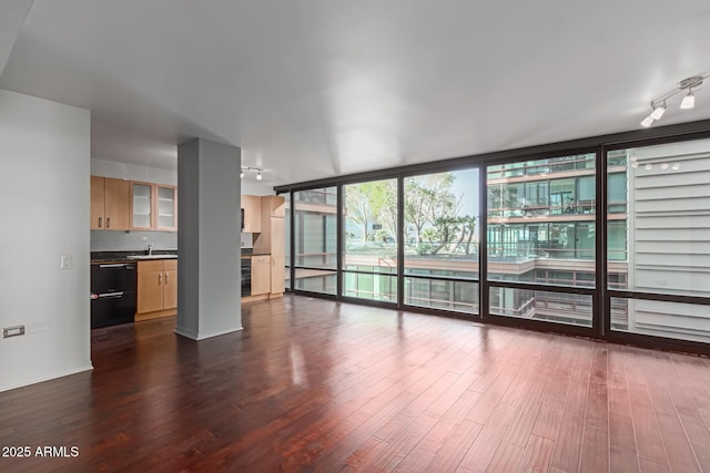 unfurnished living room featuring dark wood-type flooring and floor to ceiling windows