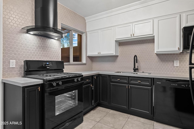 kitchen featuring sink, range hood, black appliances, white cabinets, and light tile patterned flooring