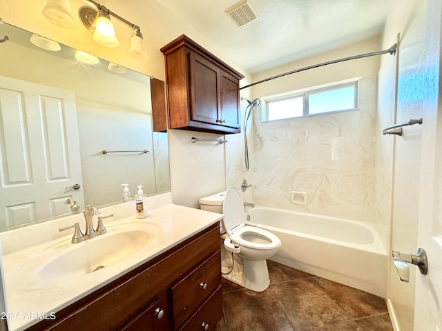 full bathroom with vanity, tile patterned floors, toilet, and shower / bathing tub combination