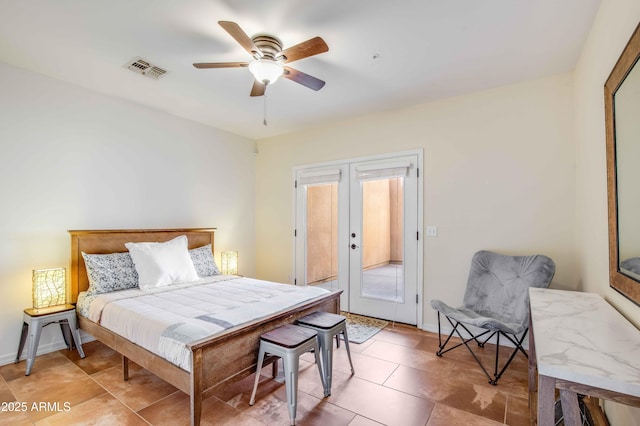 bedroom with tile patterned floors, ceiling fan, and french doors