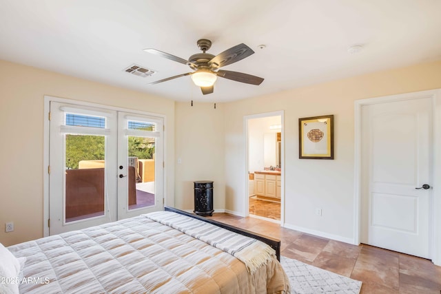 bedroom with ceiling fan, french doors, ensuite bathroom, access to outside, and light tile patterned flooring