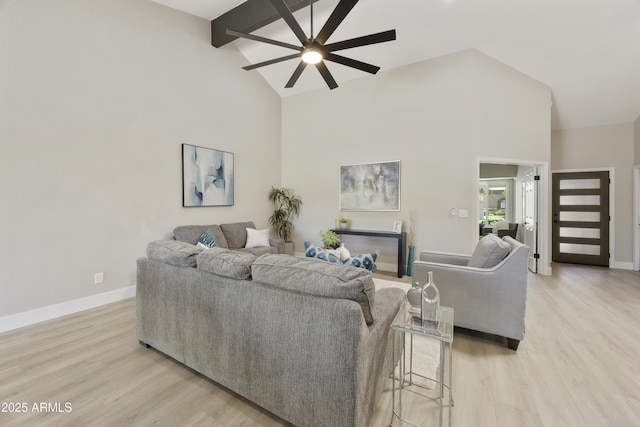 10538 E Gold Dust Cir, Scottsdale, AZ 85258 - living room featuring ceiling fan, high vaulted ceiling, beamed ceiling, and light wood-style floors