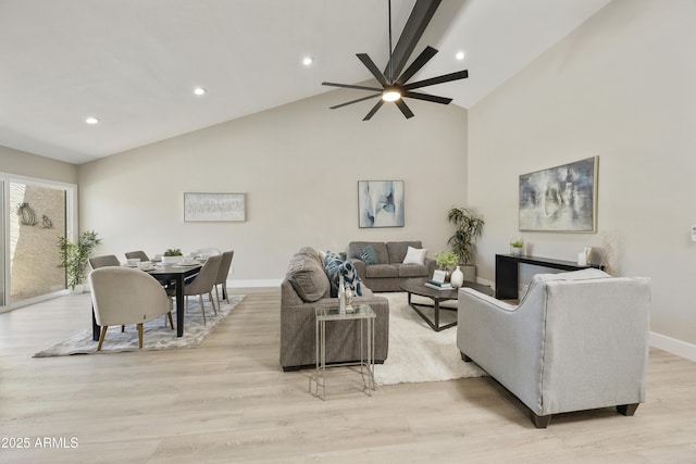10538 E Gold Dust Cir, Scottsdale, AZ 85258 - living room with ceiling fan, light wood finished floors, high vaulted ceiling, and recessed lighting